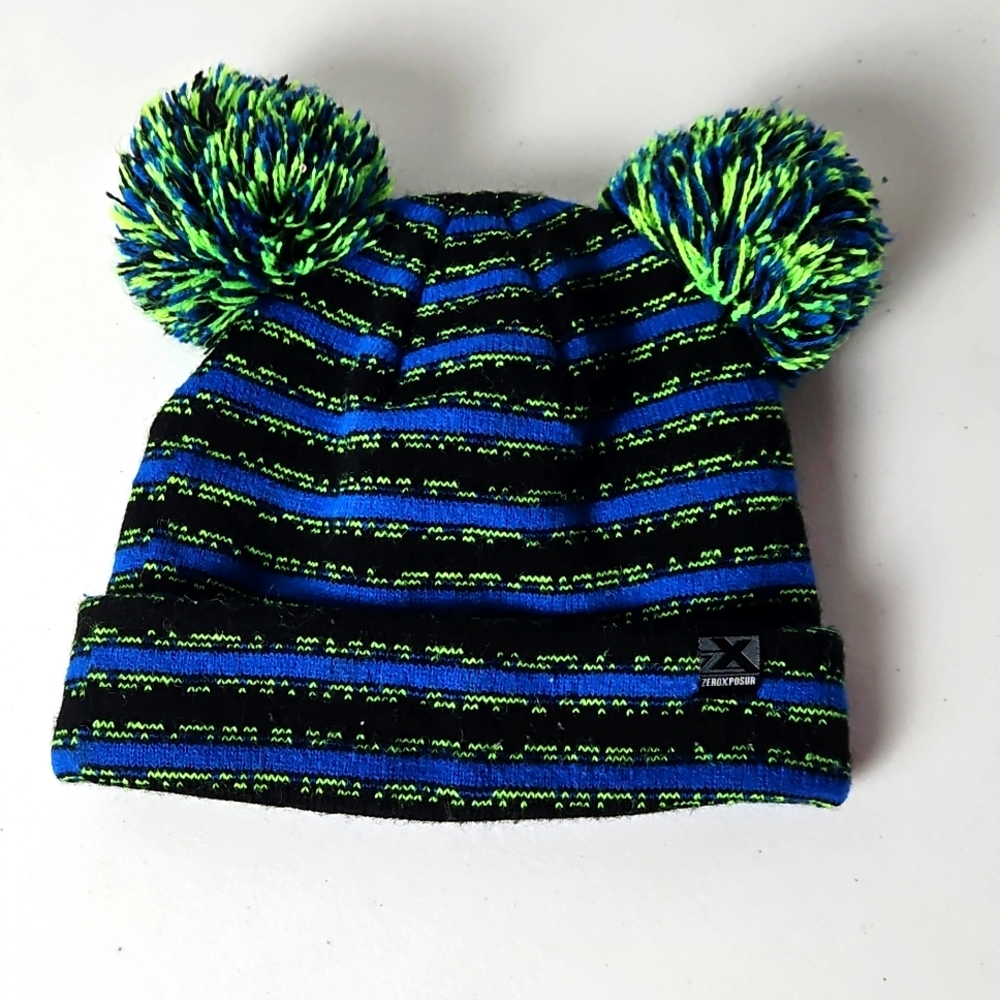 ZeroXposur Kids Pom-Pom Hat in Black and Green Stripes
